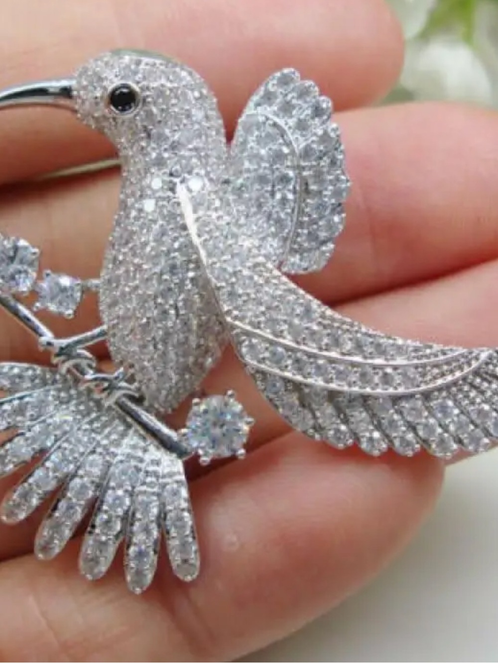 Silver Crystal Hummingbird Brooch Pin - Sparkling Bird Accent